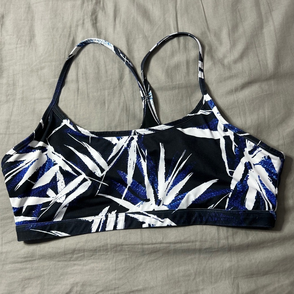 Fabletics Sports Bra Black Blue White Leaf Racerback Athletic L NO SIZE TAG